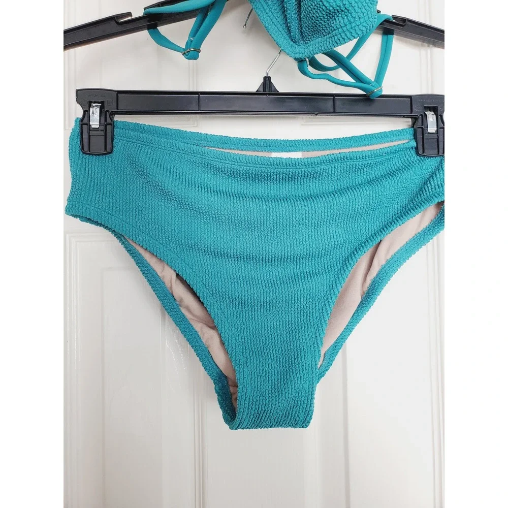 Bikini‎ Set Teal Textured Smocked High Waist Two Piece Swimsuit S/M
